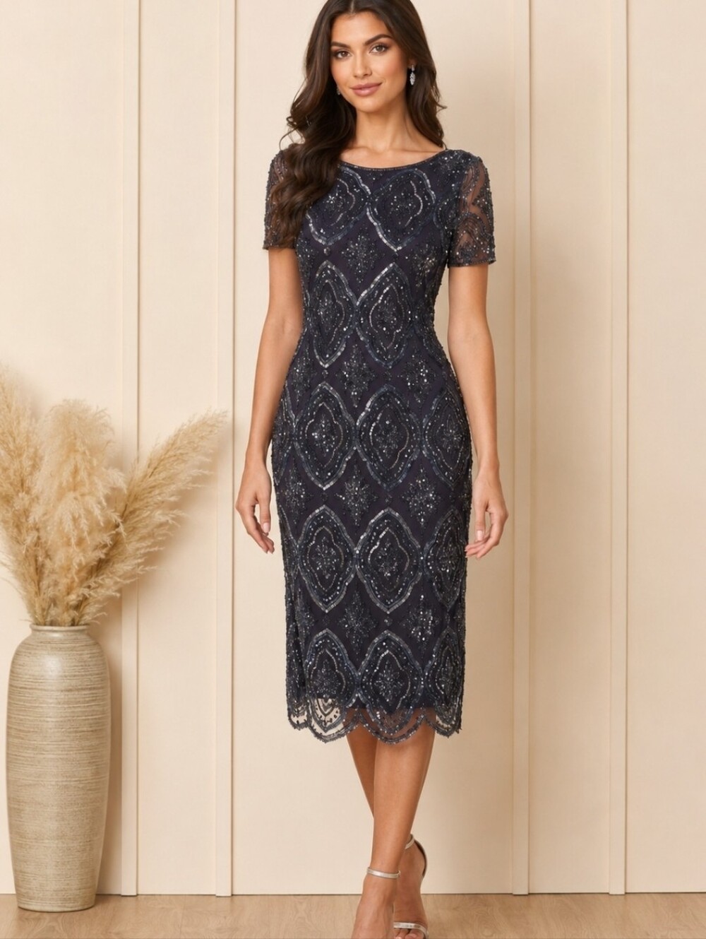 NWT Pisarro Nights Size 6 Eggplant Beaded Sequin Stained Glass Midi Dress